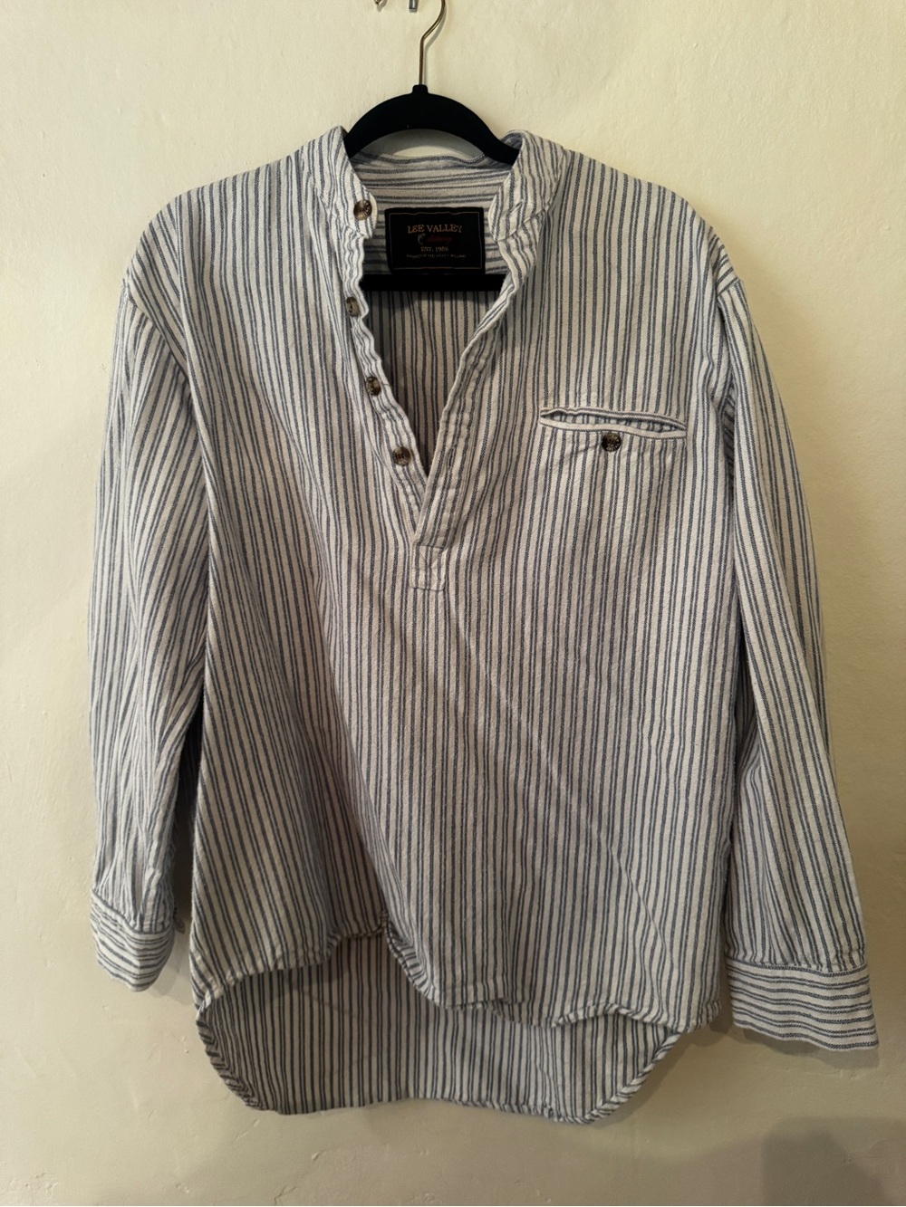 Lee Valley Ireland The Orig Flannel Grandfather Shirt Blue and Ivory Striped